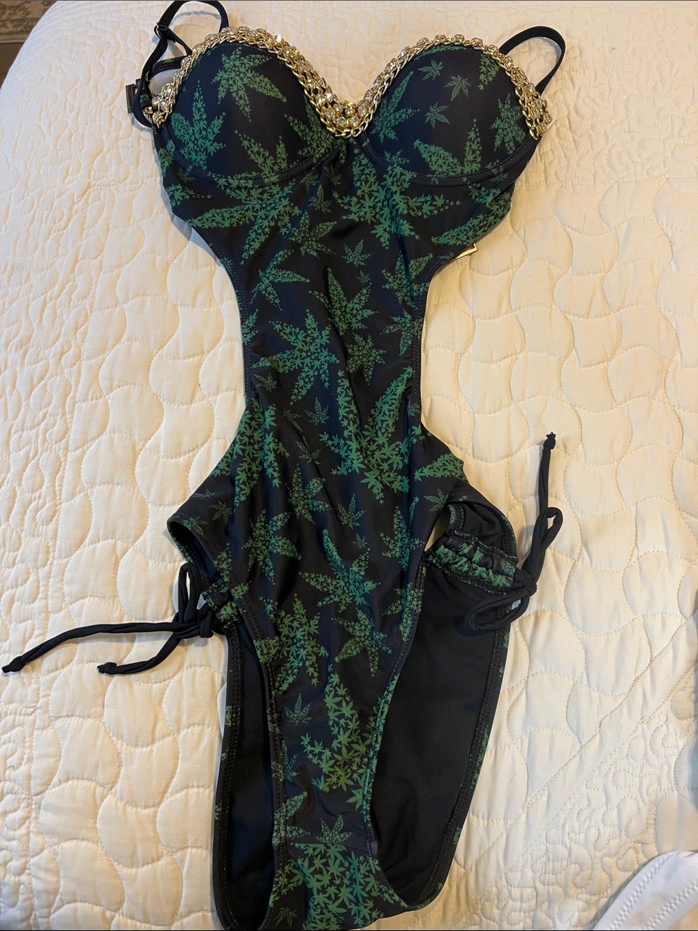 Sexy One-Piece Swimsuit Green Leaf Print & Gold rhinestone chains bling. Mary J